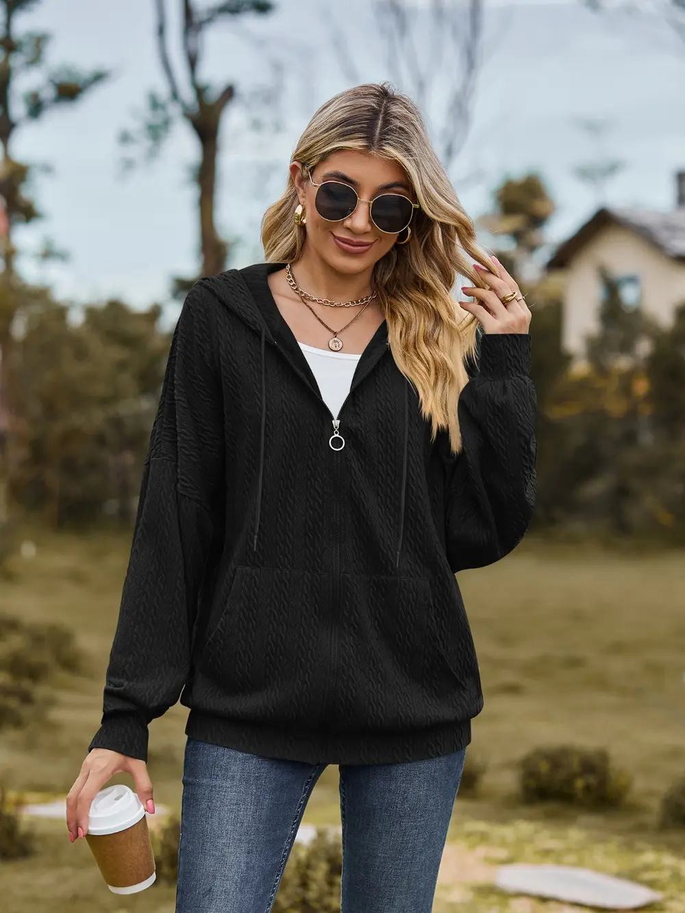 Zip Up Drawstring Long Sleeve Hooded Jacket, image 13