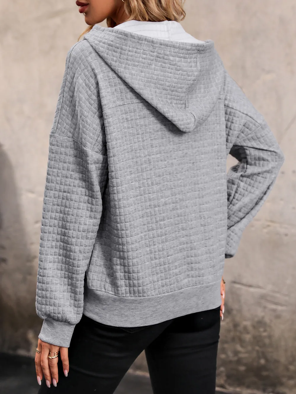 Waffle-Knit Half Button Hoodie, image 2