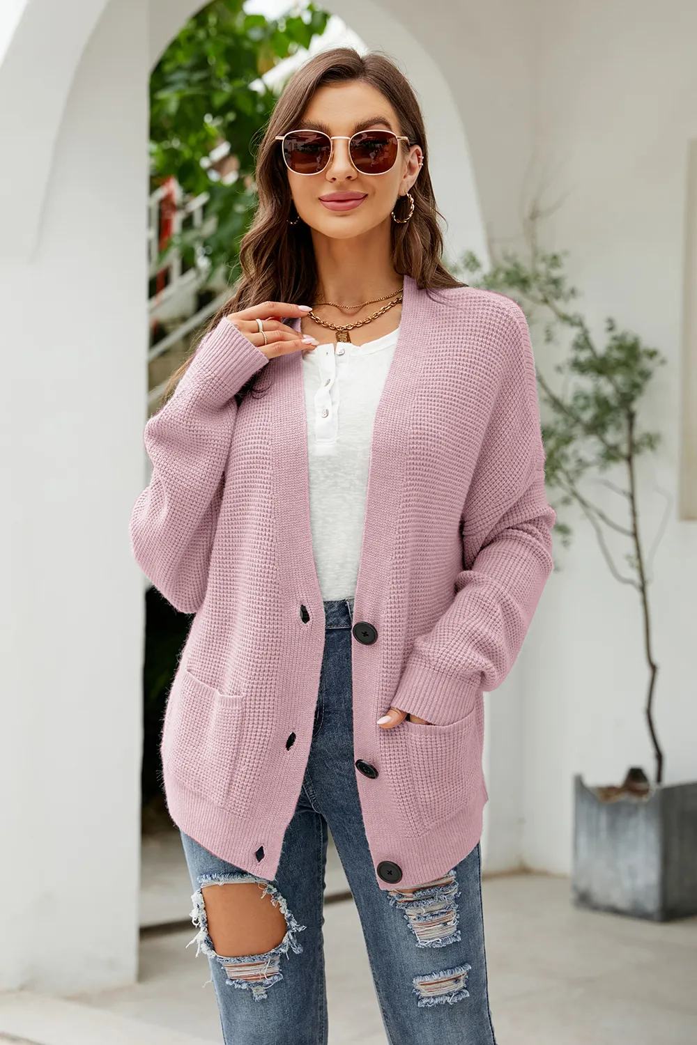 Button Up Drop Shoulder Long Sleeve Cardigan, image 4