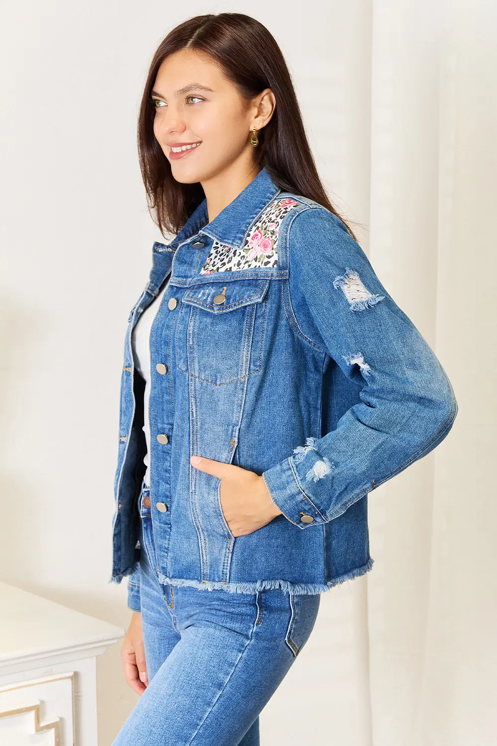 Leopard Floral Distressed Raw Hem Denim Jacket, image 2