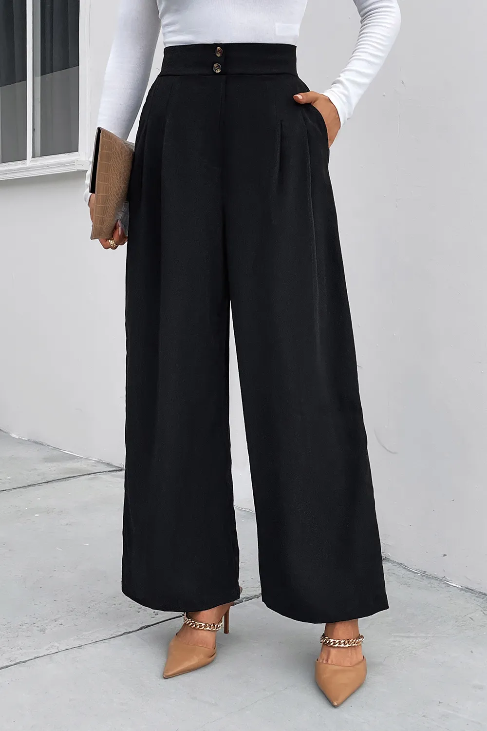 High Waist Ruched Pocketed Wide Leg Pants, image 2