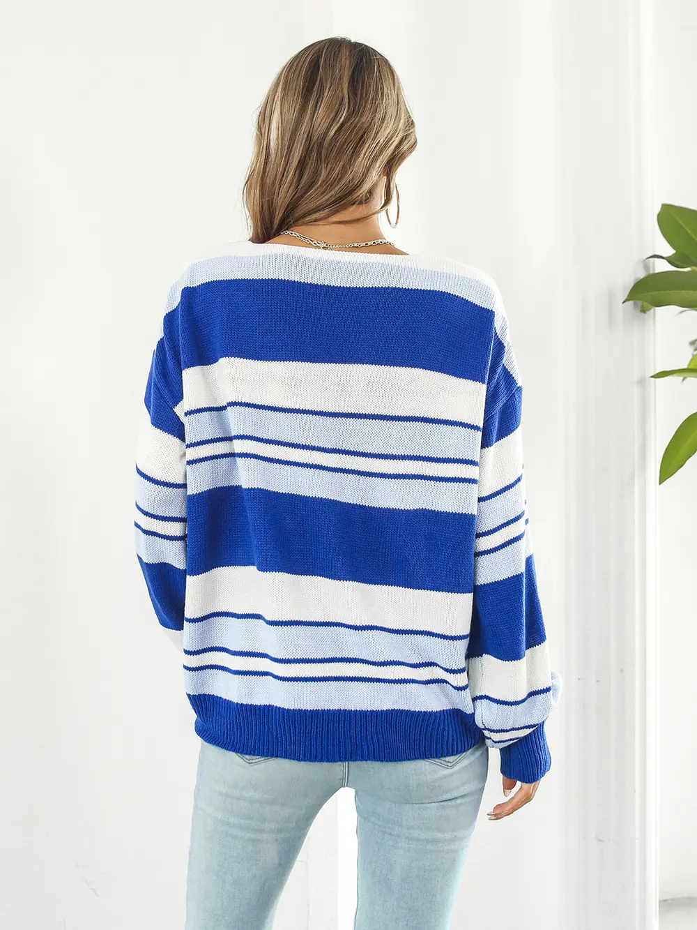 Striped V-Neck Long Sleeve Knit Top, image 8