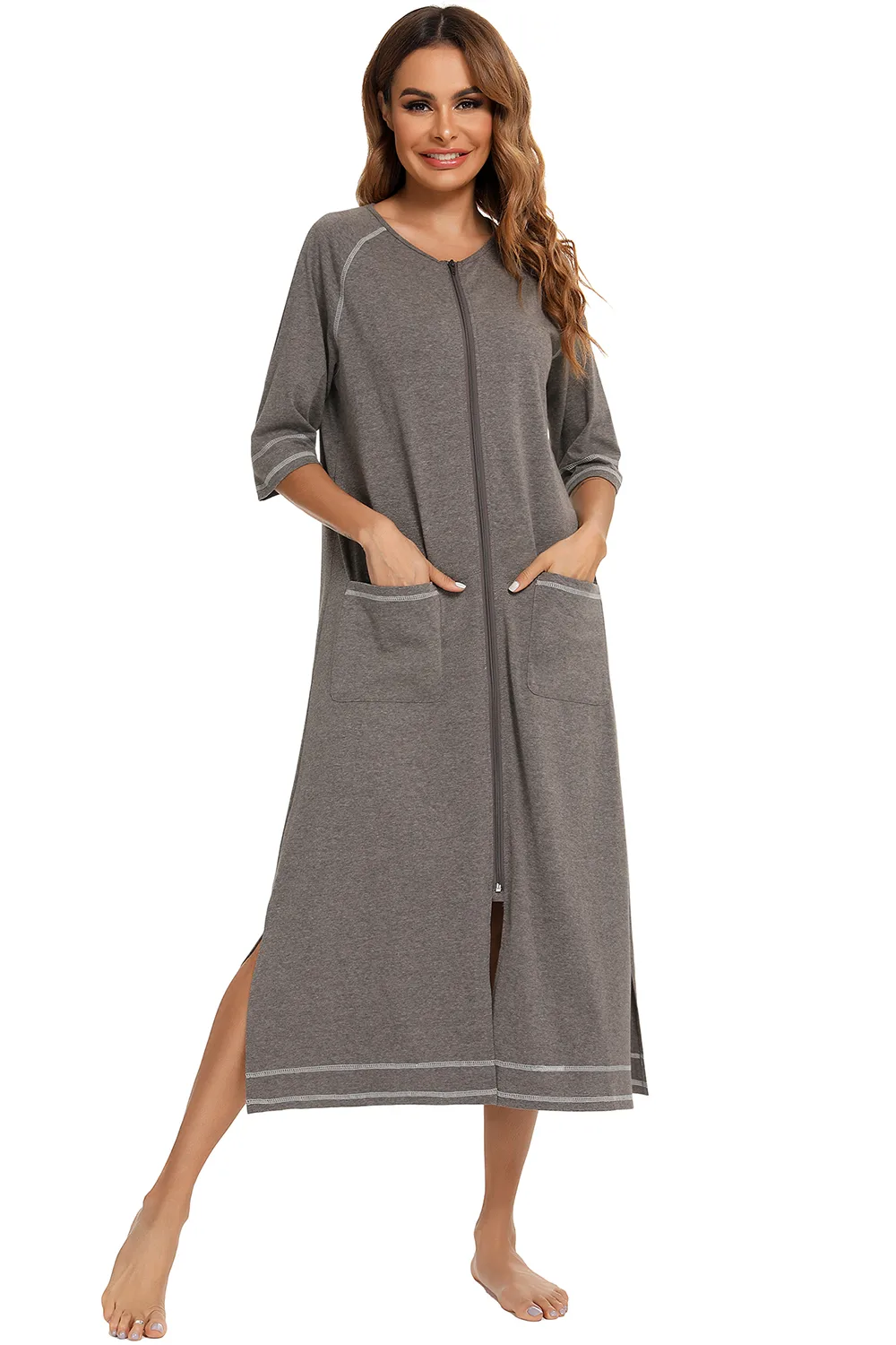 Zip Up Slit Round Neck Night Dress with Pockets, image 21