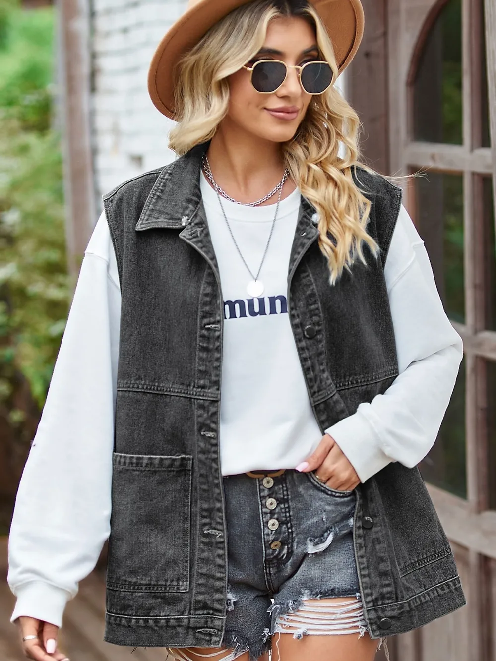 Button Front Sleeveless Denim Jacket, image 2