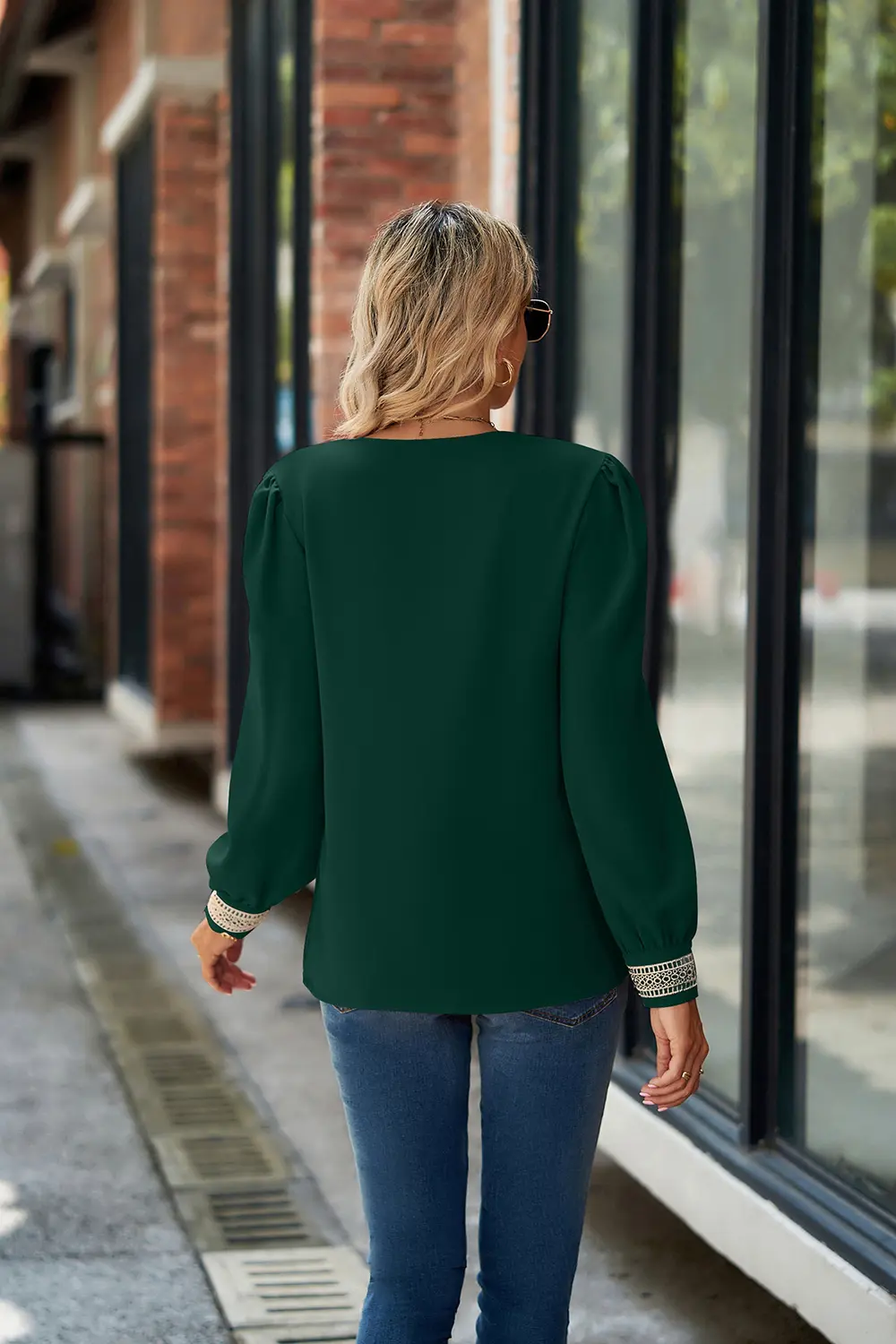 V-Neck Lace Detail Long Sleeve Top, image 3