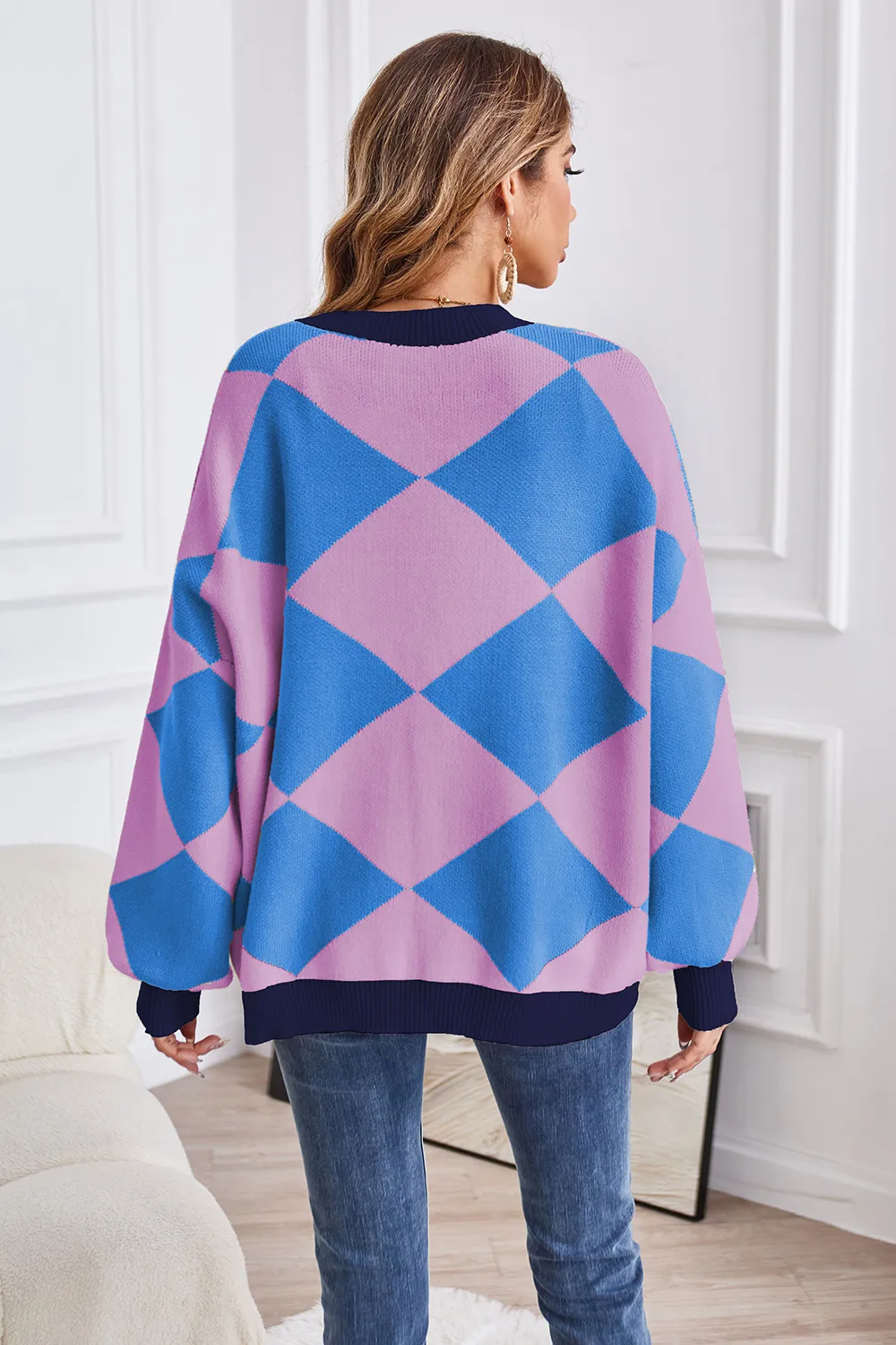 Geometric Lantern Sleeve Cardigan with Pockets, image 8