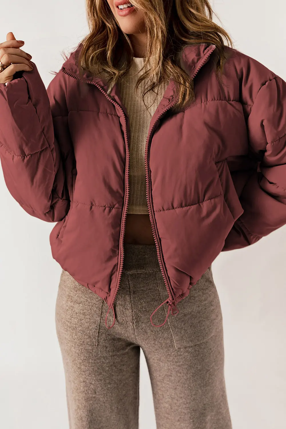 Zip Up Collared Neck Long Sleeve Winter Coat, image 2
