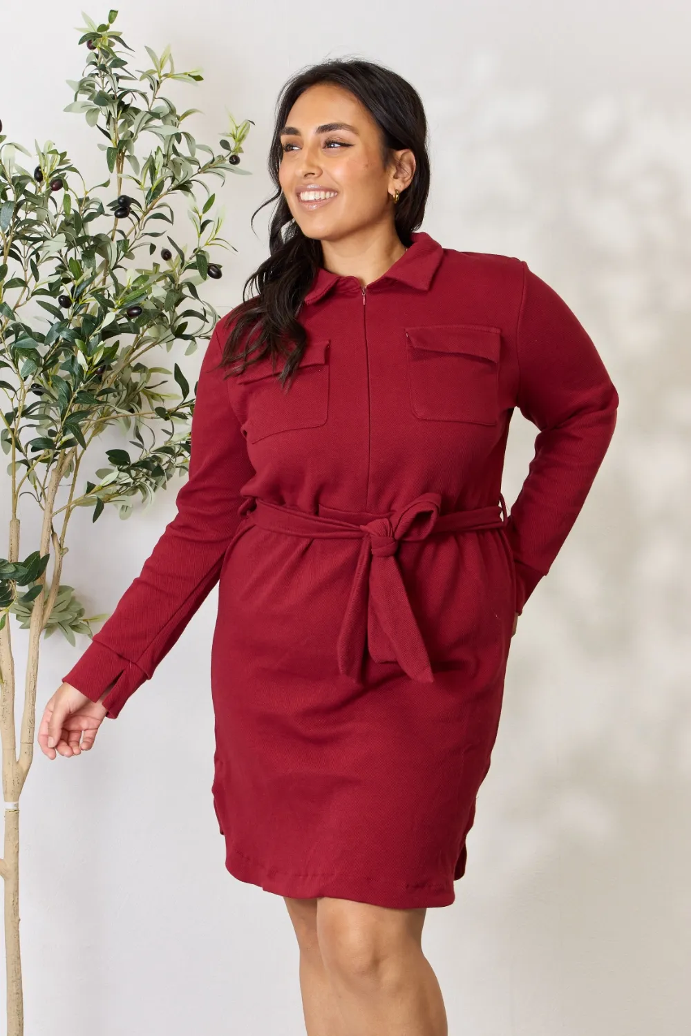 Full Size Tie Front Half Zip Long Sleeve Shirt Dress, image 3