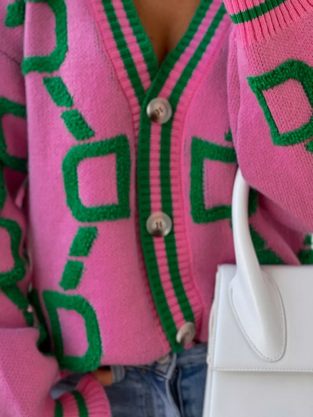 Geometric Dropped Shoulder Button Down Cardigan, image 3