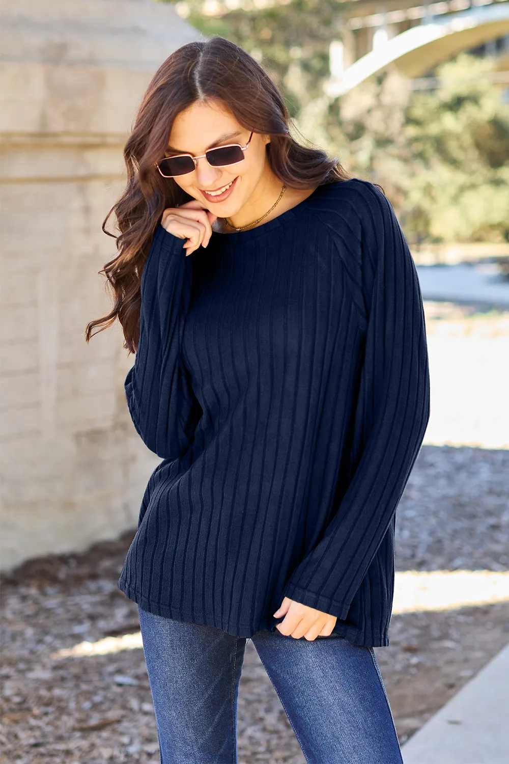 Full Size Ribbed Round Neck Long Sleeve Knit Top, image 2