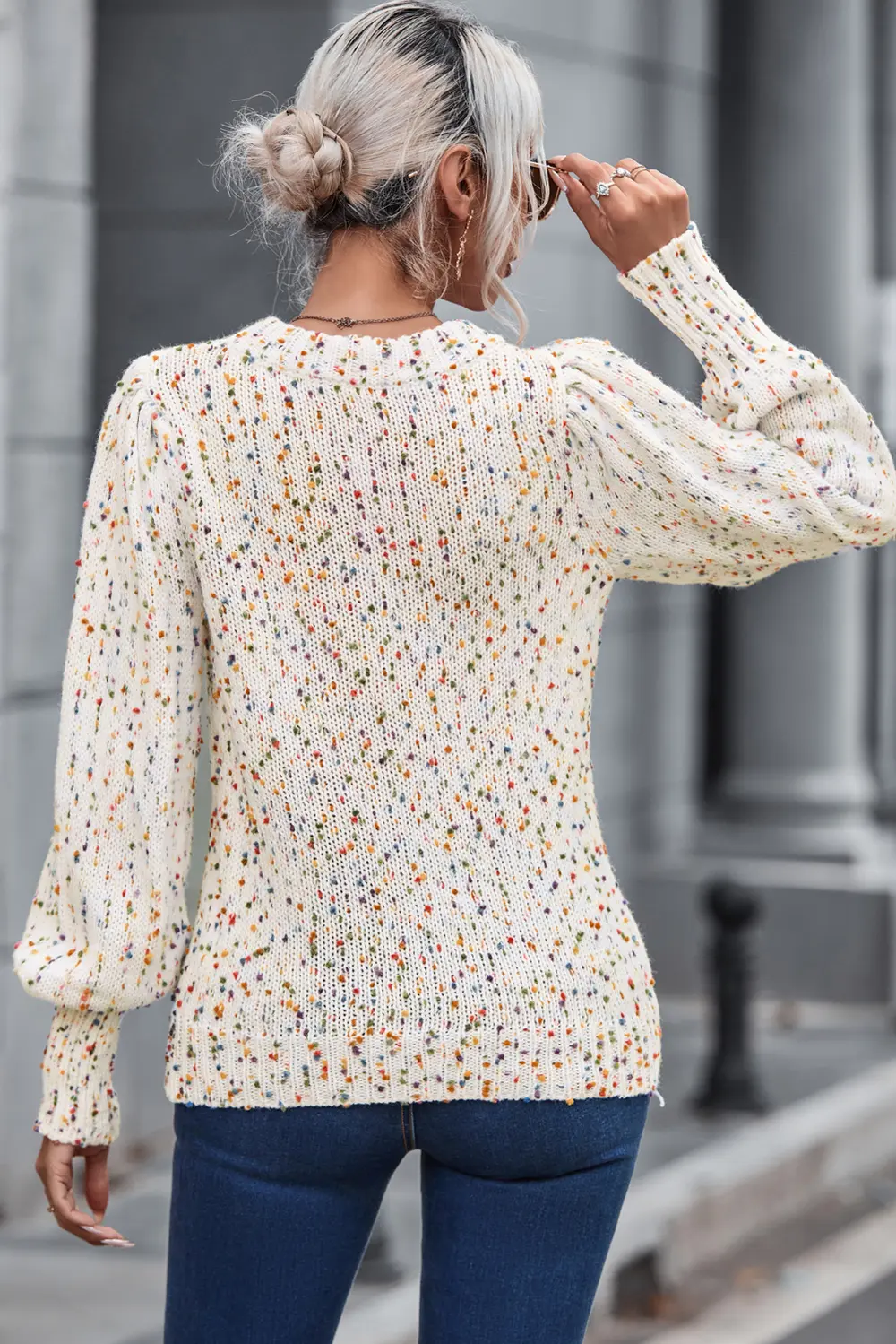 Heathered Round Neck Lantern Sleeve Sweater, image 2