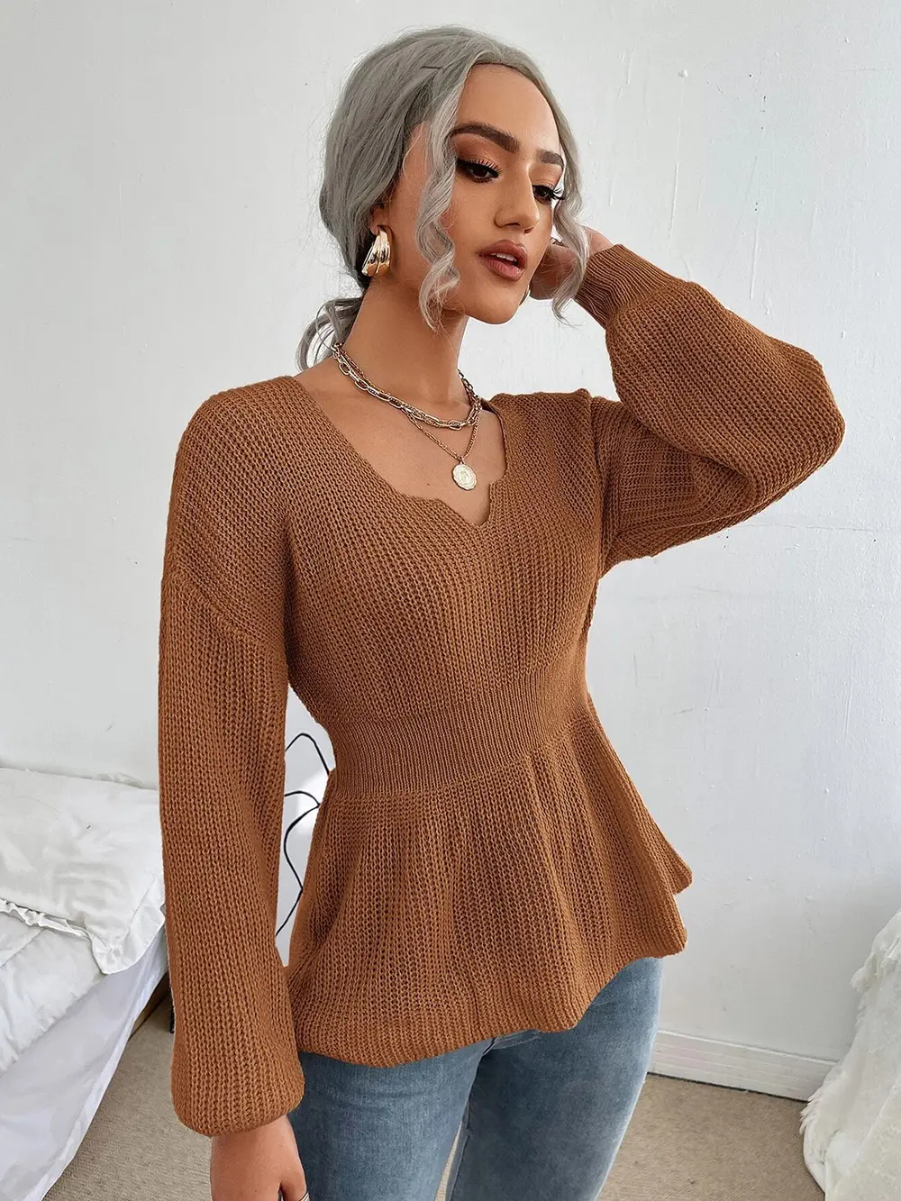 Notched Dropped Shoulder Knit Top, image 21
