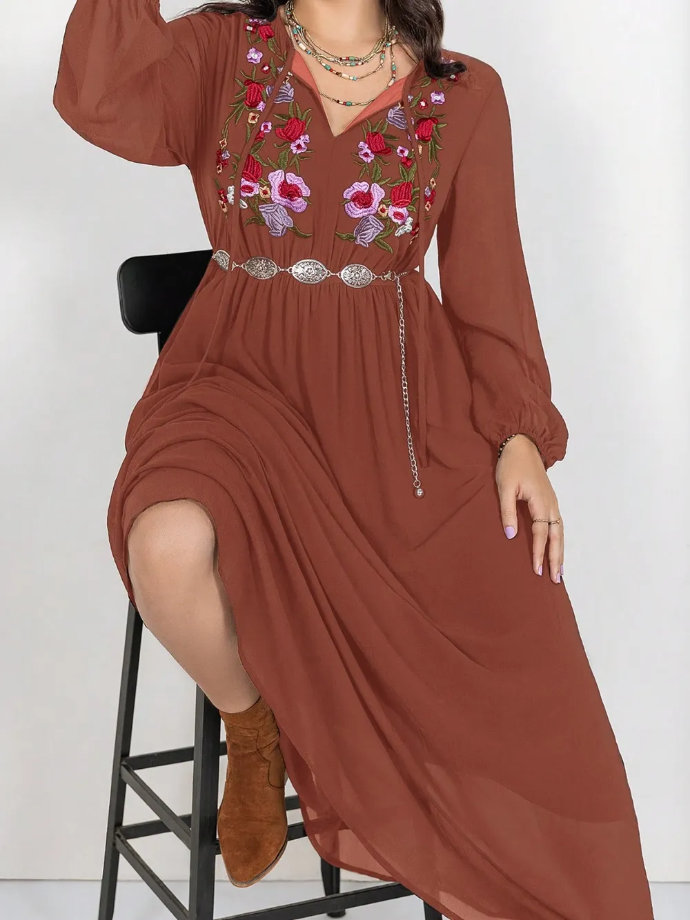 Plus Size Embroidered Tie Neck Long Sleeve Dress, image 2