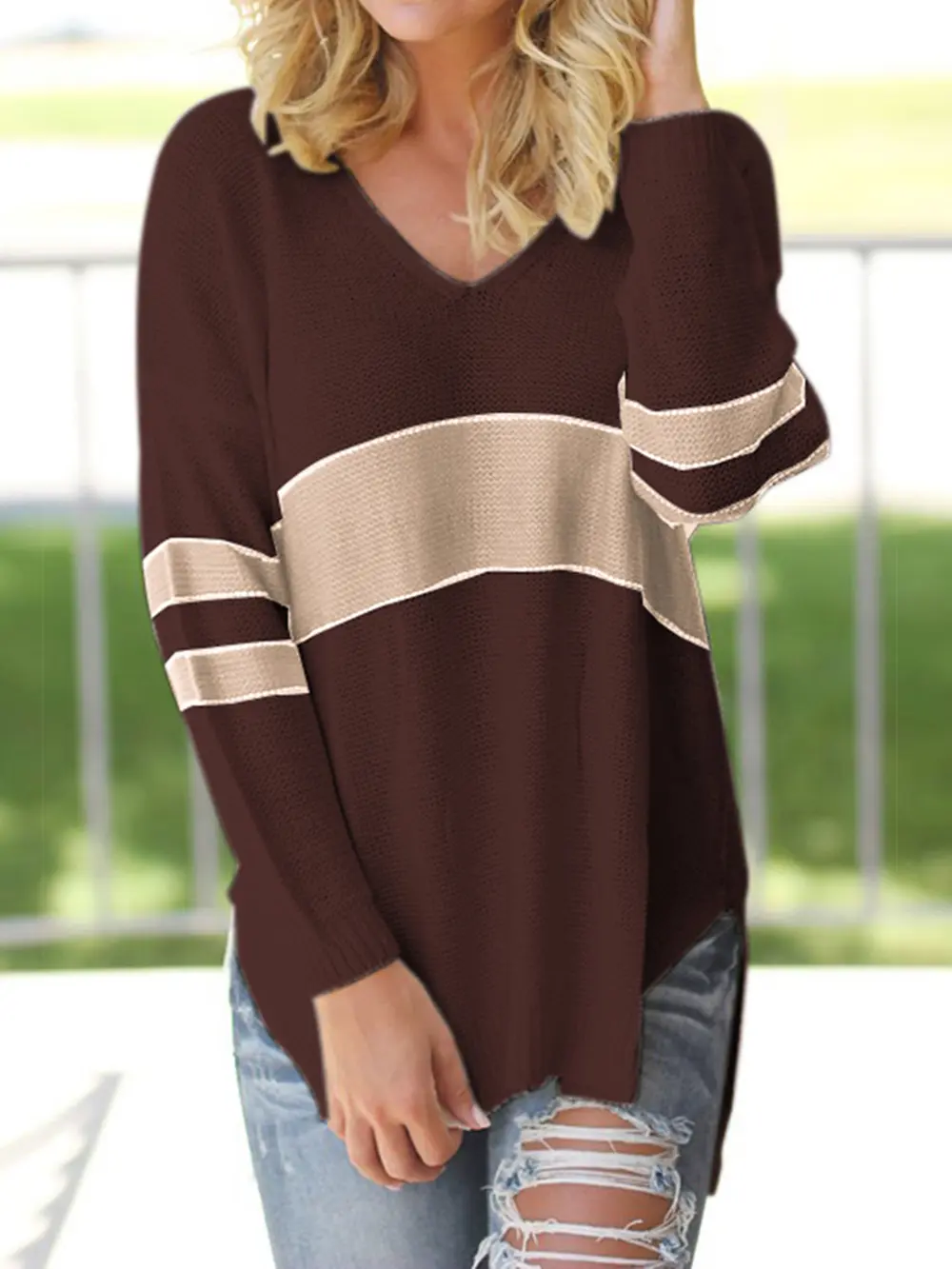 Striped V-Neck Long Sleeve Sweater, image 8