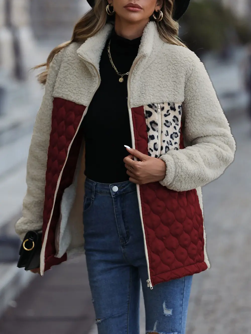 Leopard Color Block Zip-Up Jacket, image 9