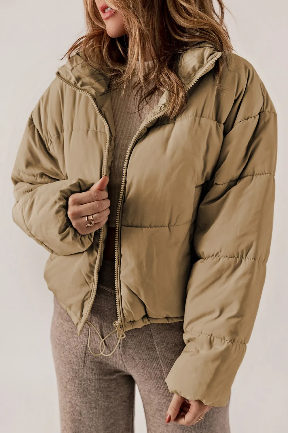 Zip Up Collared Neck Long Sleeve Winter Coat, image 3