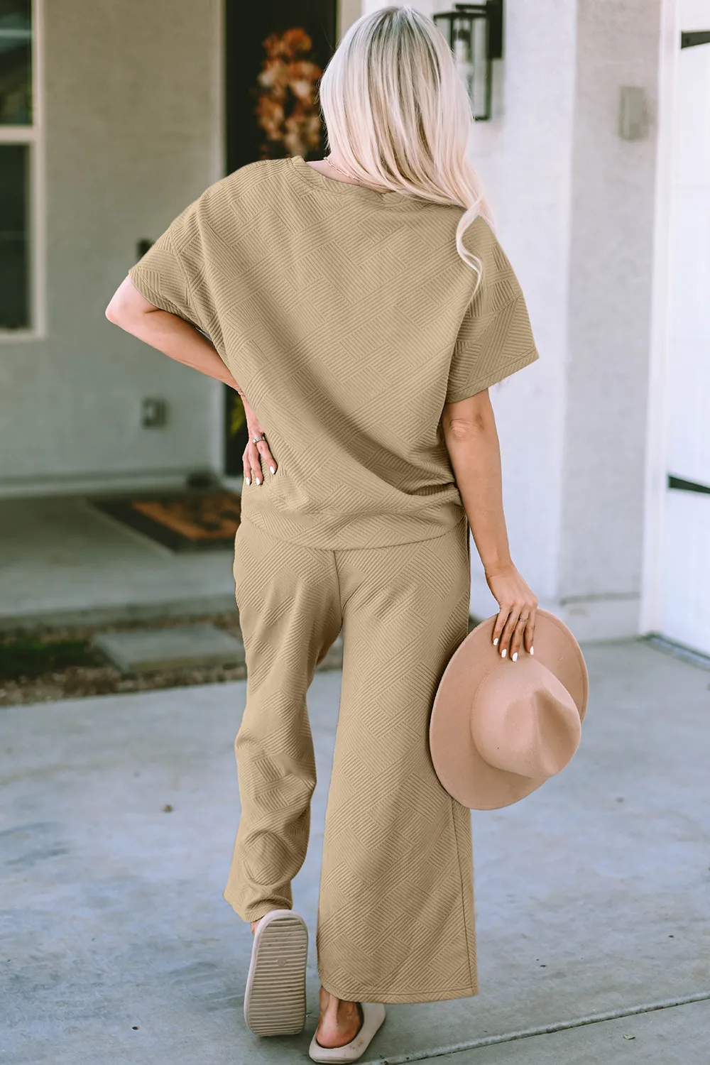 Full Size Texture Short Sleeve Top and Pants Set, image 2