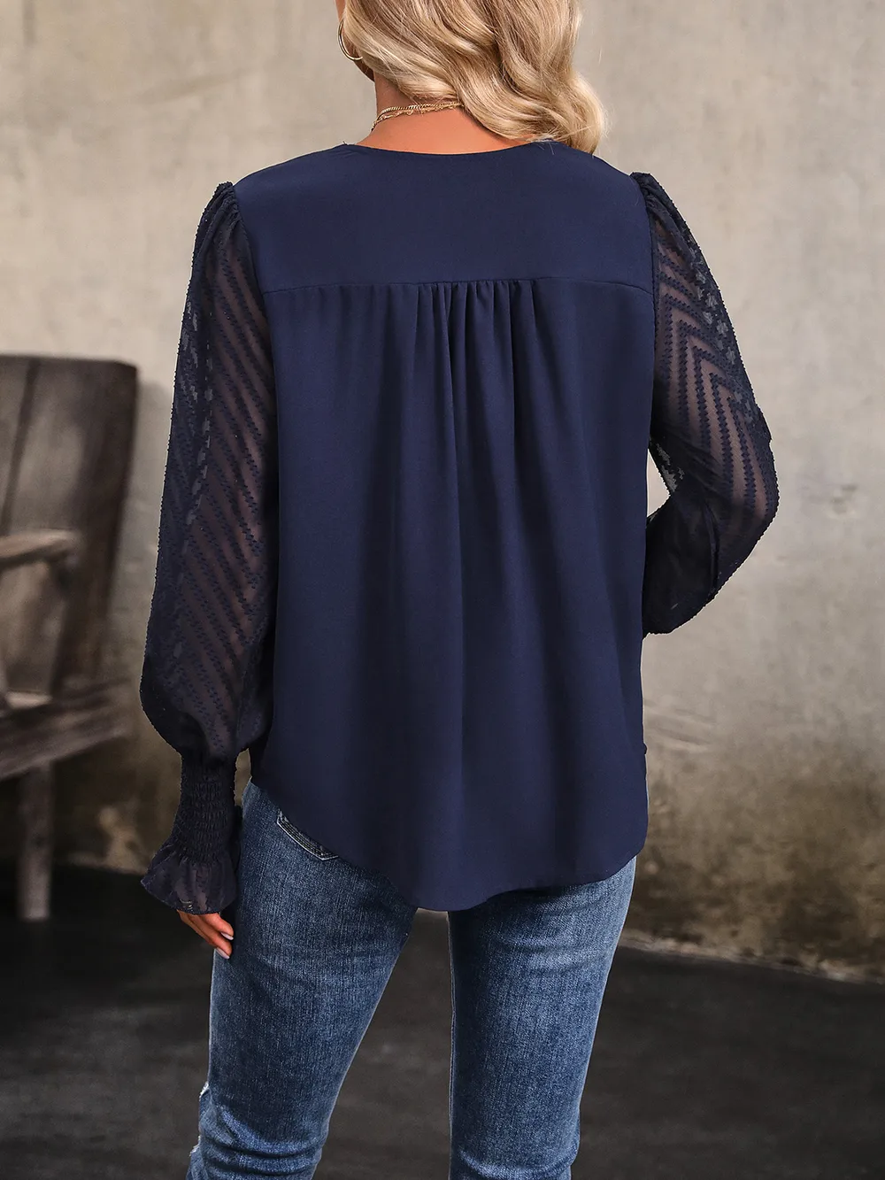 V-Neck Long Mesh Sleeve Top, image 2