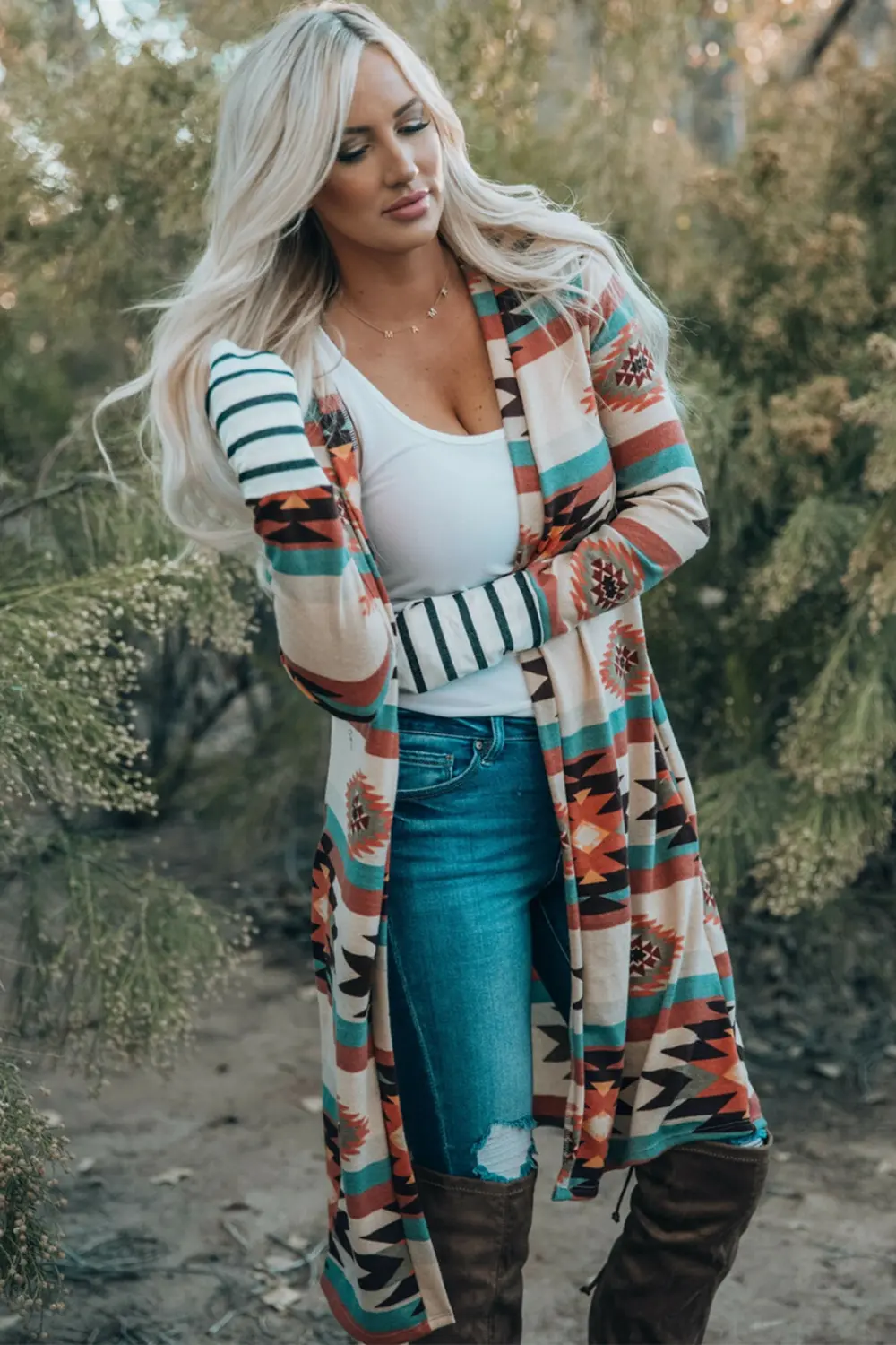 Multicolor Geometric Color Block Open Front Long Cardigan, image 2