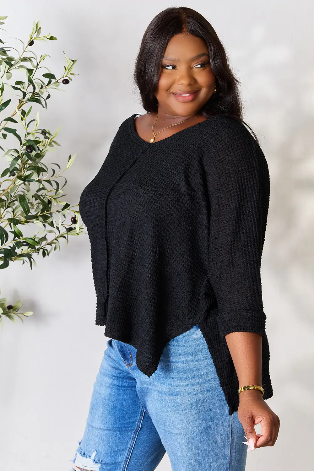Full Size Round Neck High-Low Slit Knit Top, image 5