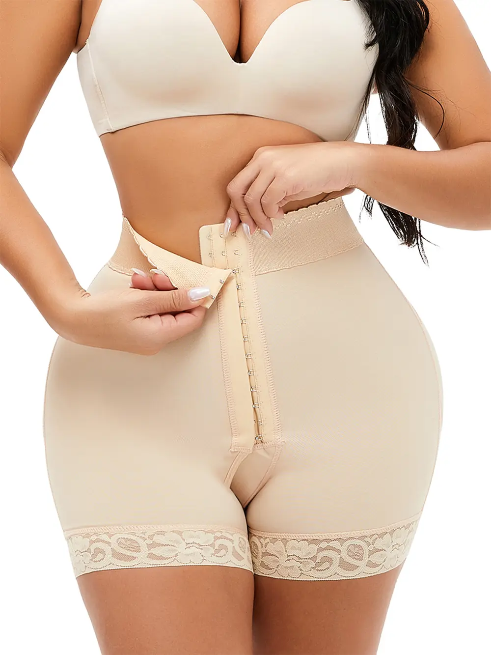 Full Size Lace Detail Hook-and-Eye Shaping Shorts, image 2