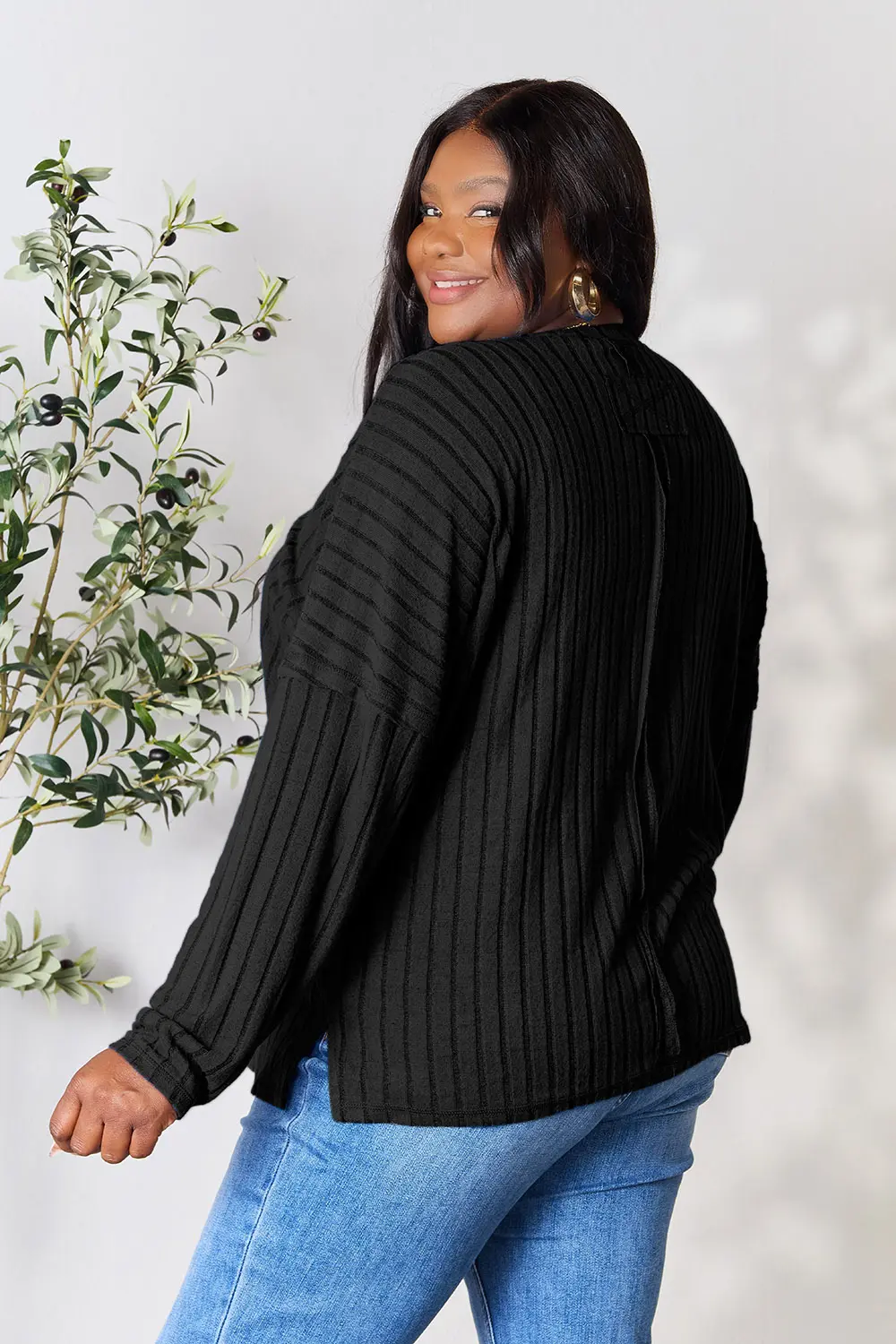 Full Size Ribbed Round Neck Slit Knit Top, image 4