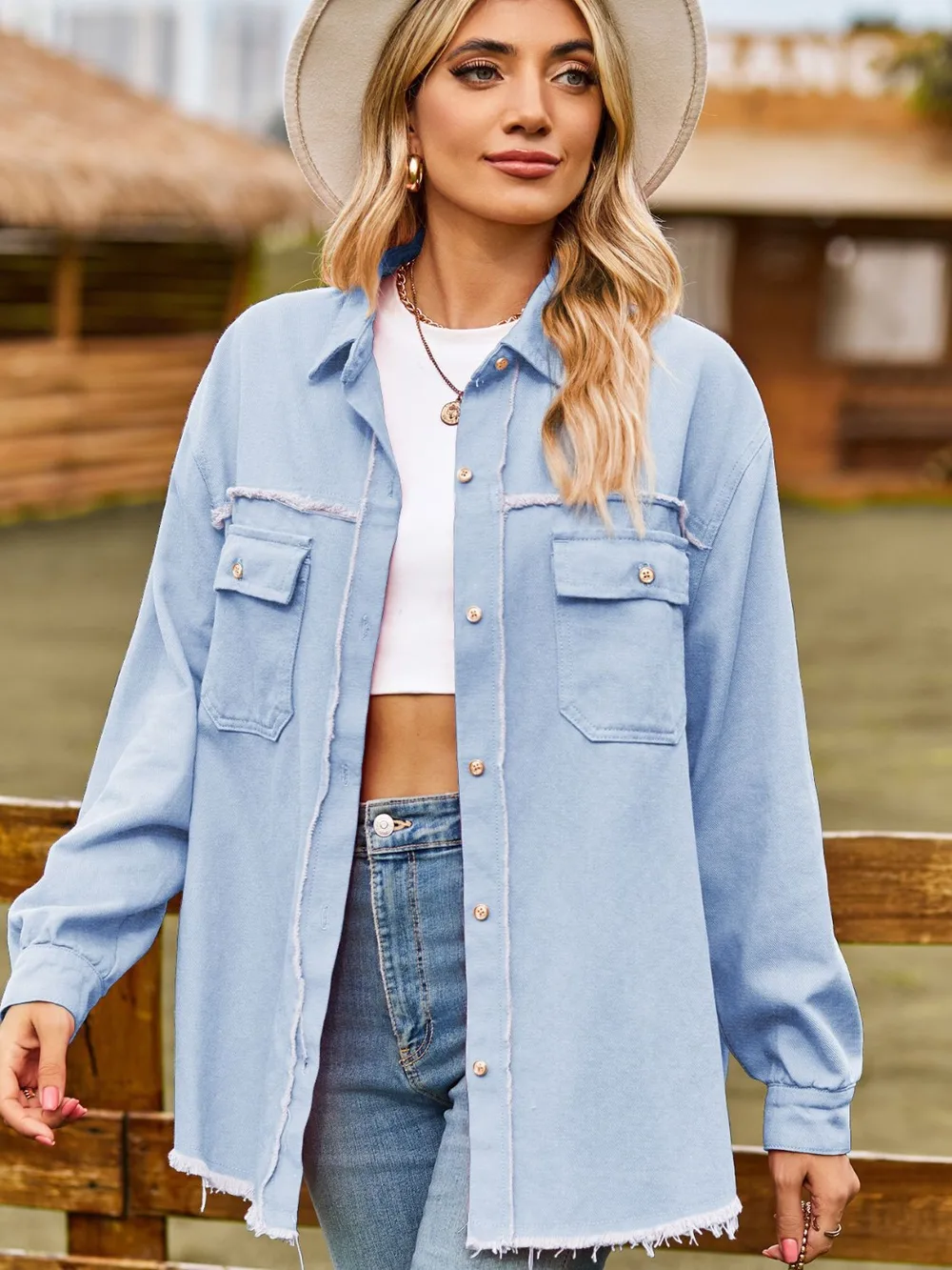 Button Up Collared Neck Raw Hem Denim Top, image 4