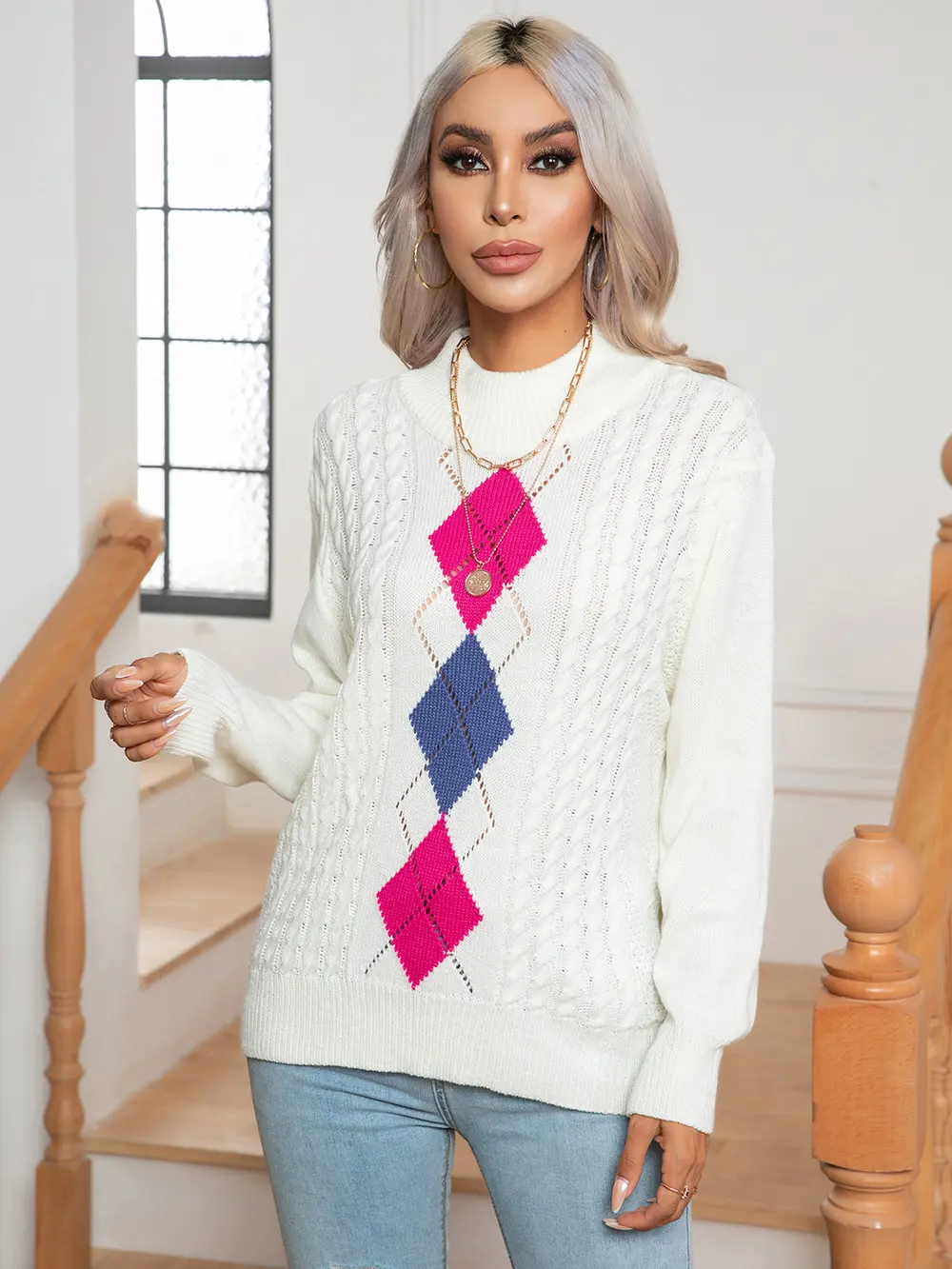 Openwork Geometric Mock Neck Sweater, image 3