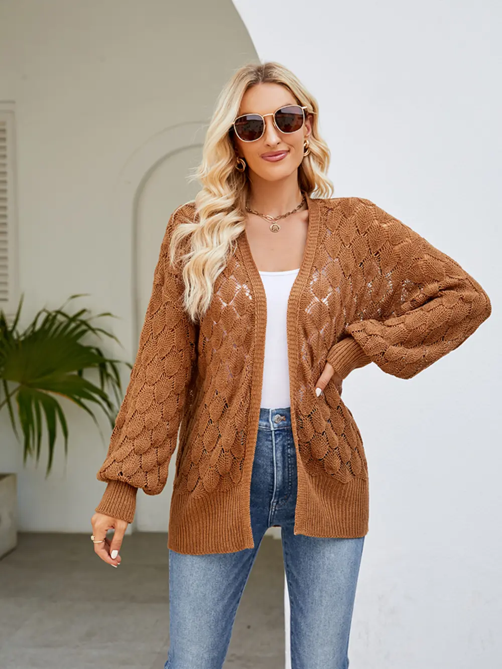 Openwork Open Front Lantern Sleeve Cardigan, image 3
