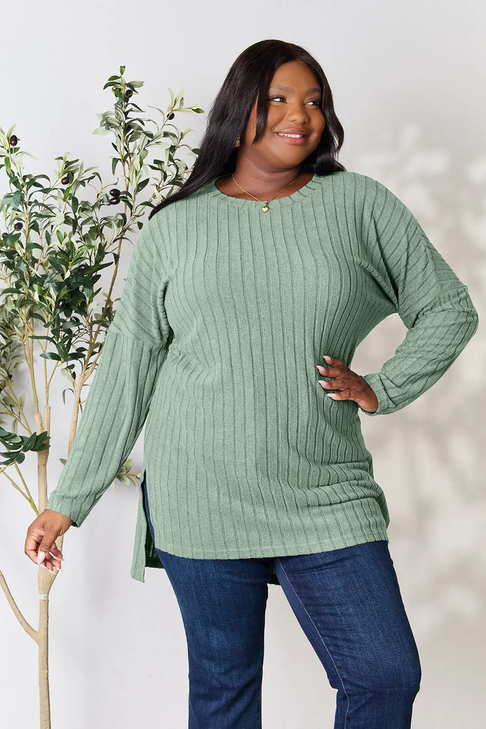 Full Size Ribbed Round Neck Long Sleeve Slit Top, image 5