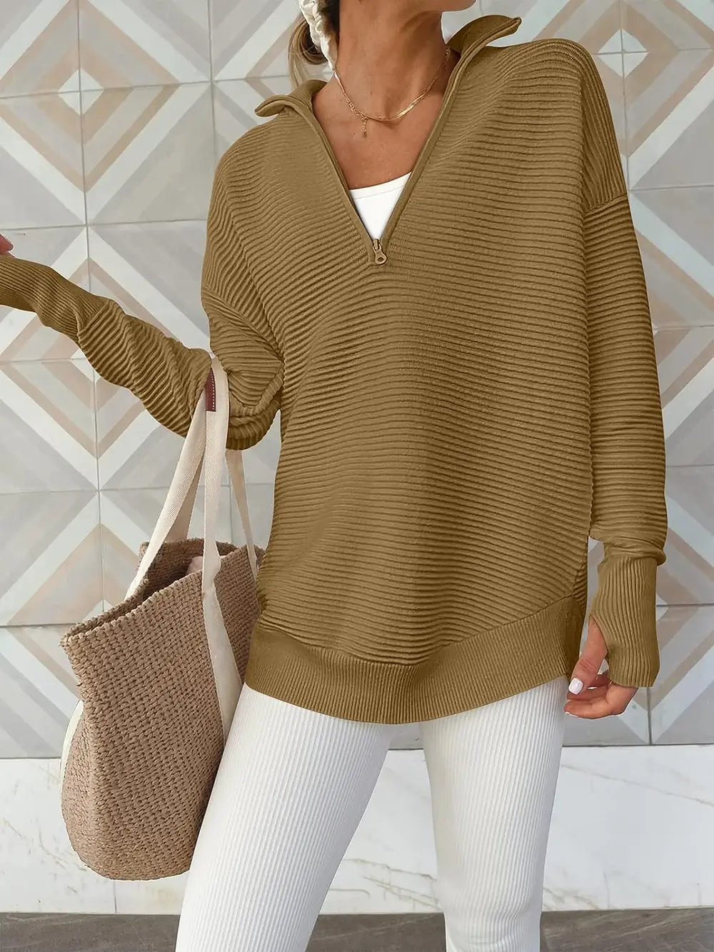 Half Zip Long Sleeve Knit Top, image 3