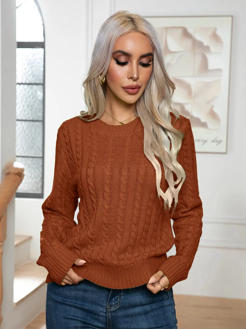 Cable-Knit Round Neck Long Sleeve Sweater, image 2