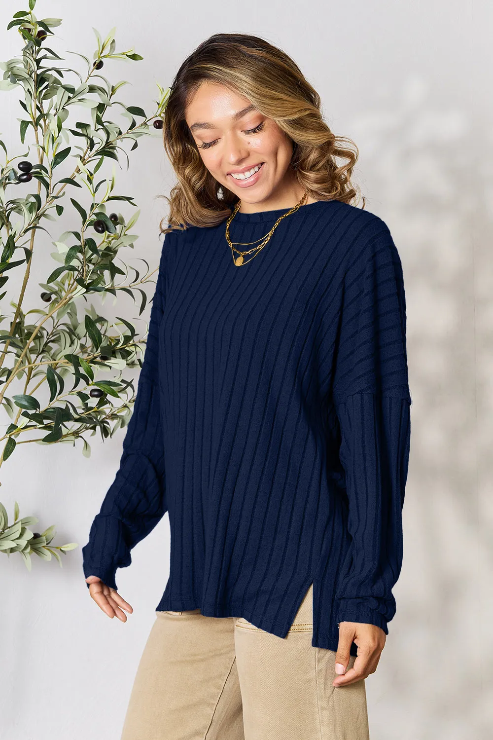 Full Size Ribbed Round Neck Slit Knit Top, image 5