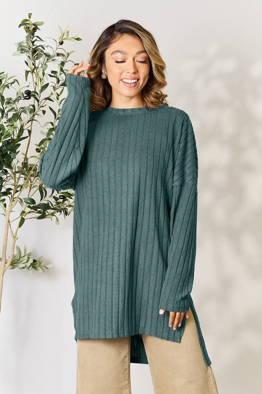 Full Size Ribbed Round Neck Long Sleeve Slit Top, image 6