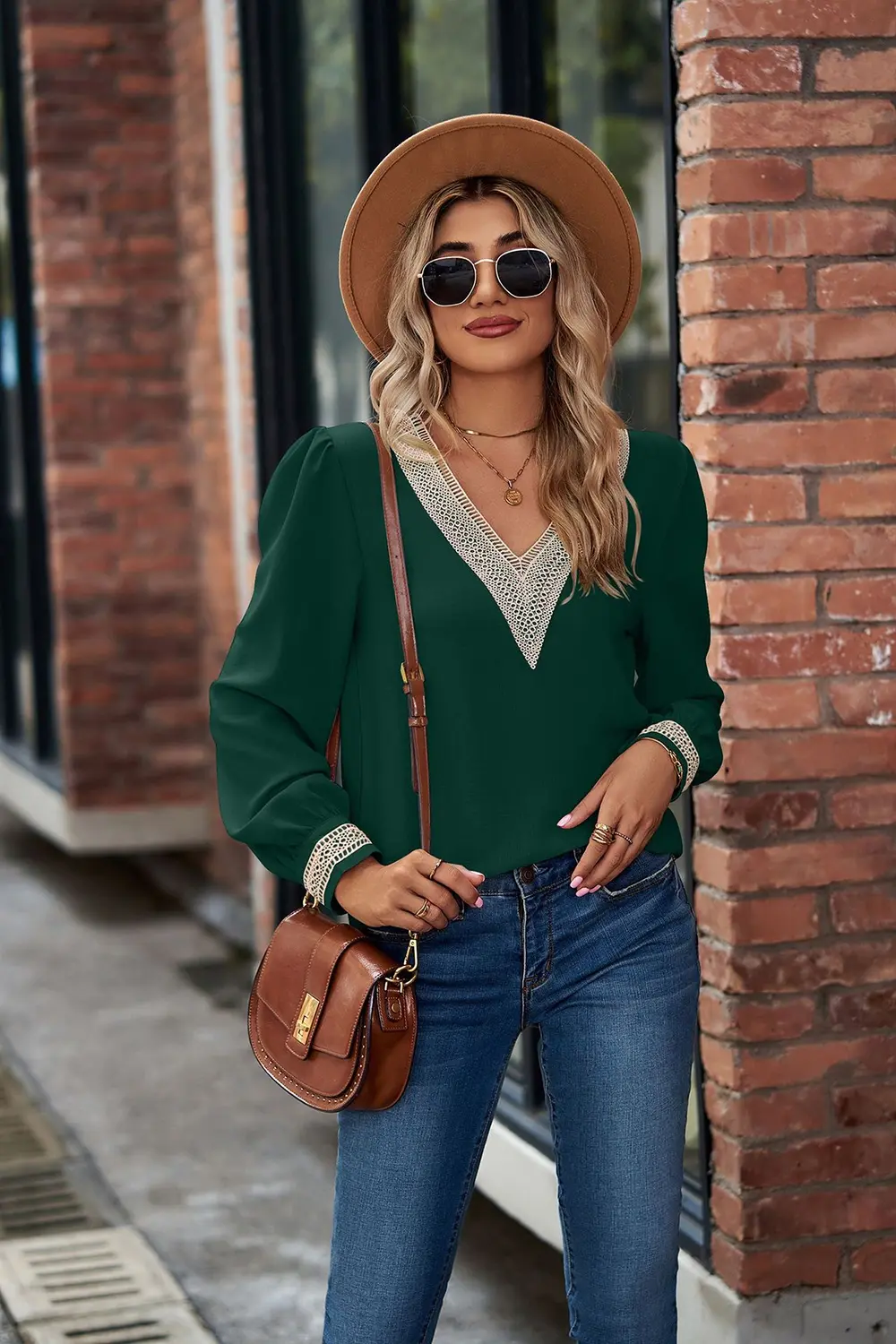 V-Neck Lace Detail Long Sleeve Top, image 4