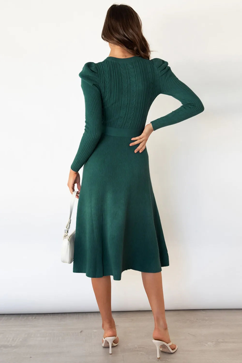 Round Neck Long Sleeve Tie Waist Sweater Dress, image 15