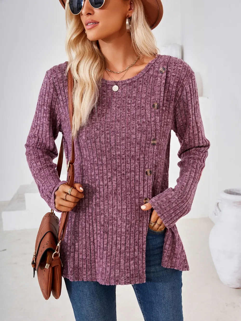 Ribbed Buttoned Round Neck Slit T-Shirt, image 2