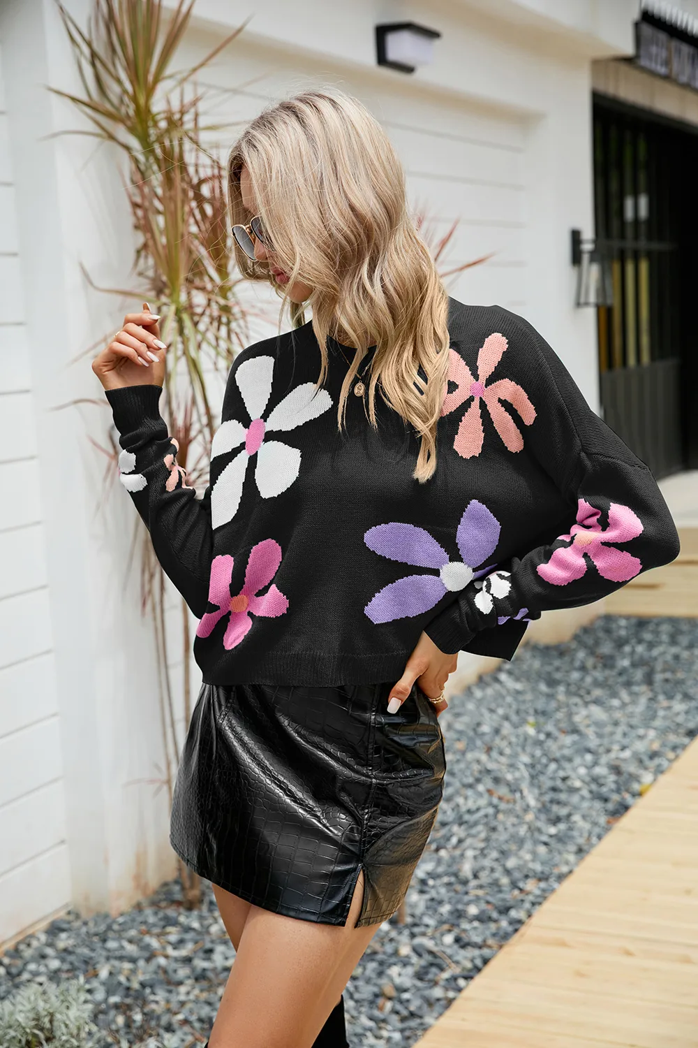 Flower Round Neck Drop Shoulder Sweater, image 6