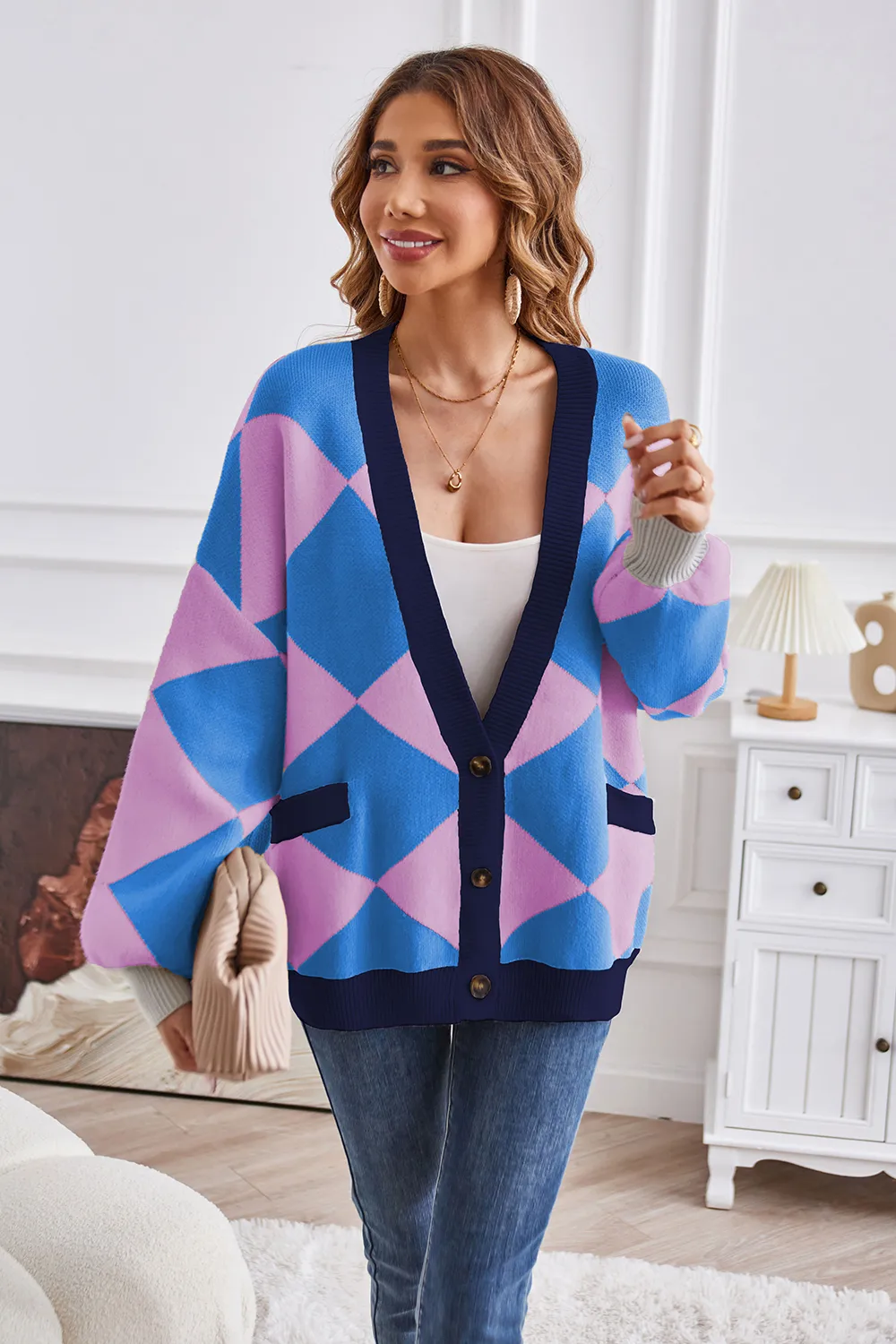 Geometric Lantern Sleeve Cardigan with Pockets, image 7