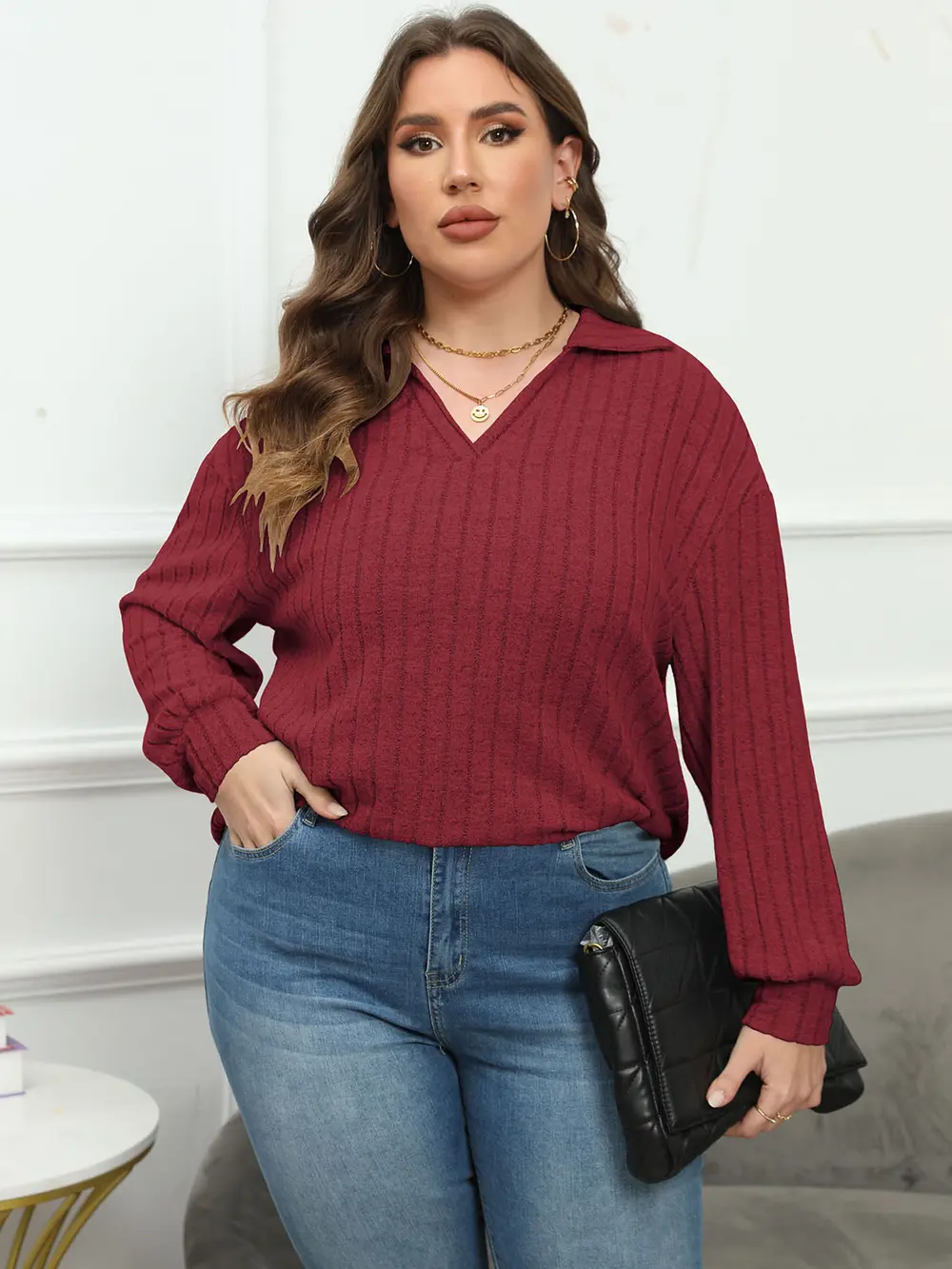 Plus Size Ribbed Collared Neck Long Sleeve Blouse, image 5