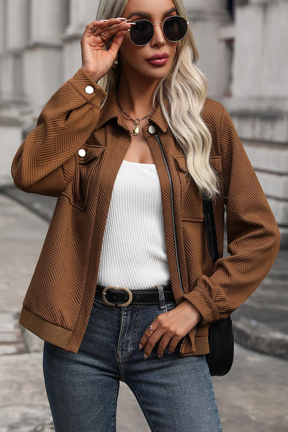 Textured Zip Up Collared Neck Jacket, image 2