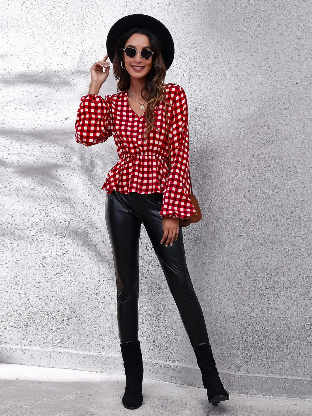 Plaid V-Neck Balloon Sleeve Peplum Blouse, image 5