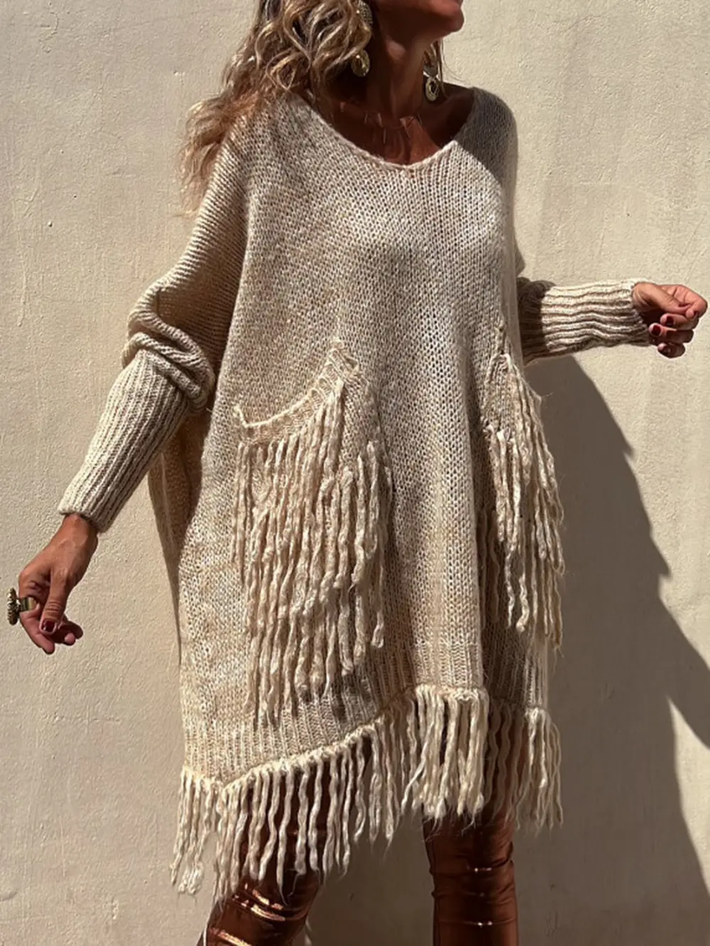 Fringe Detail Long Sleeve Sweater with Pockets, image 3