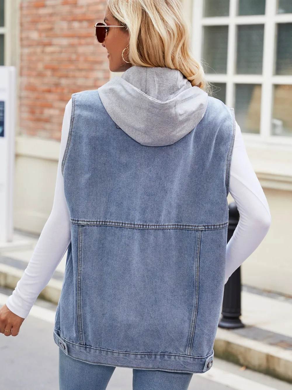 Drawstring Hooded Sleeveless Denim Jacket, image 2