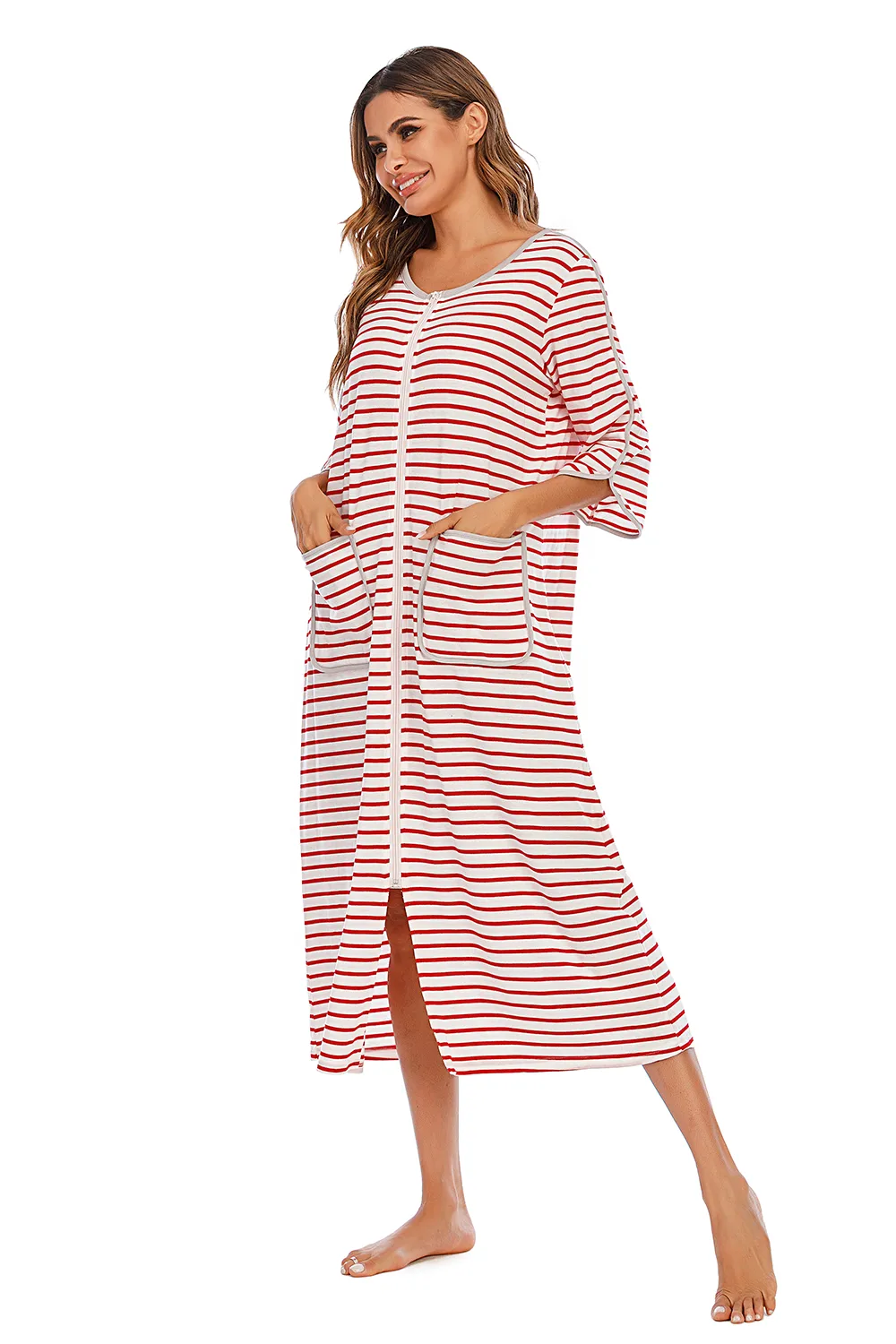Round Neck Three-Quarter Sleeve Midi Night Dress, image 12