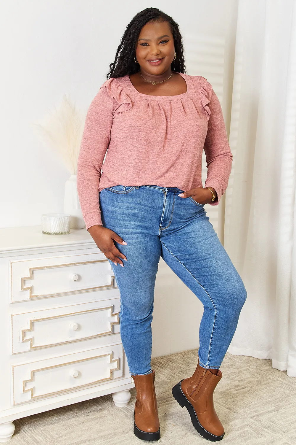 Square Neck Ruffle Shoulder Long Sleeve T-Shirt, image 5