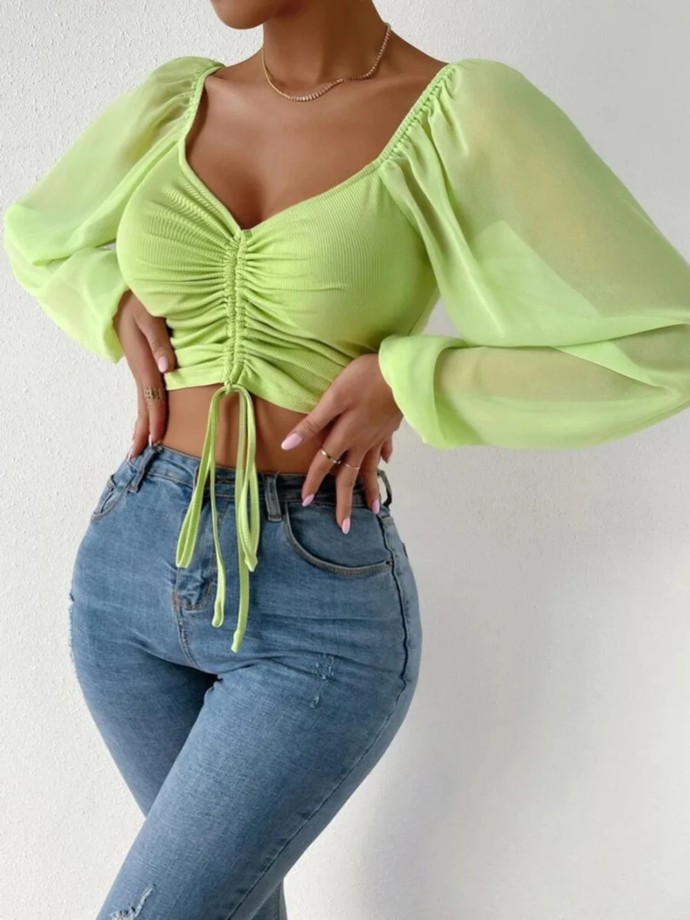 Drawstring Sweetheart Neck Cropped Top, image 5