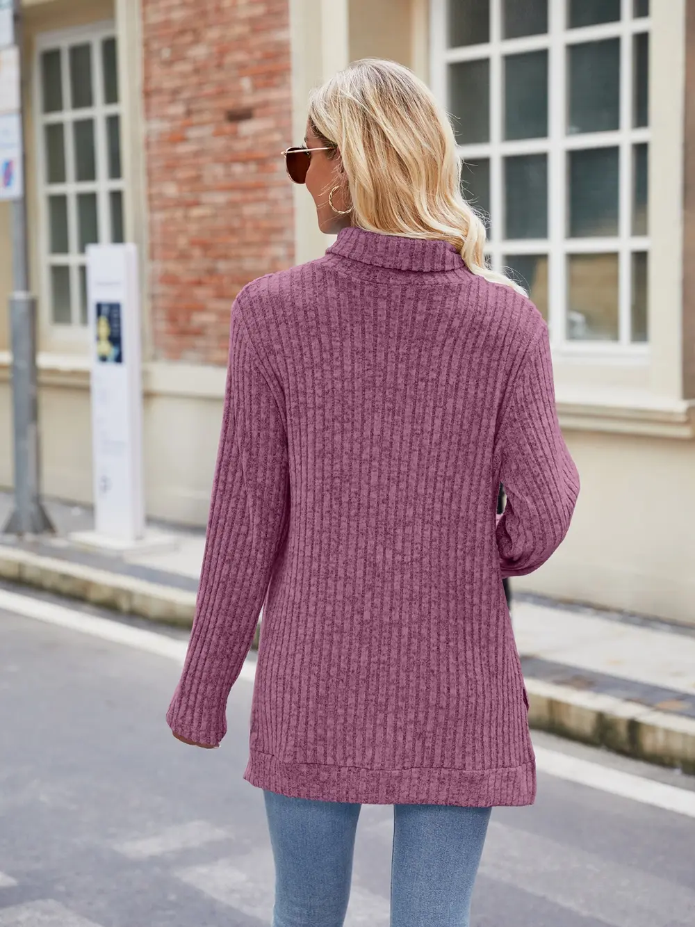 Ribbed Turtleneck Long Sleeve Slit Knit Top, image 28