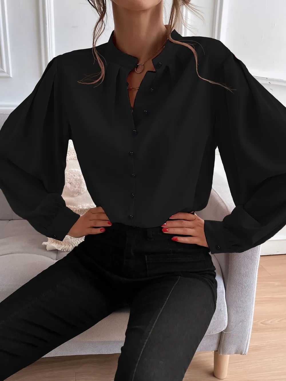 Mock Neck Button Front Shirt, image 14