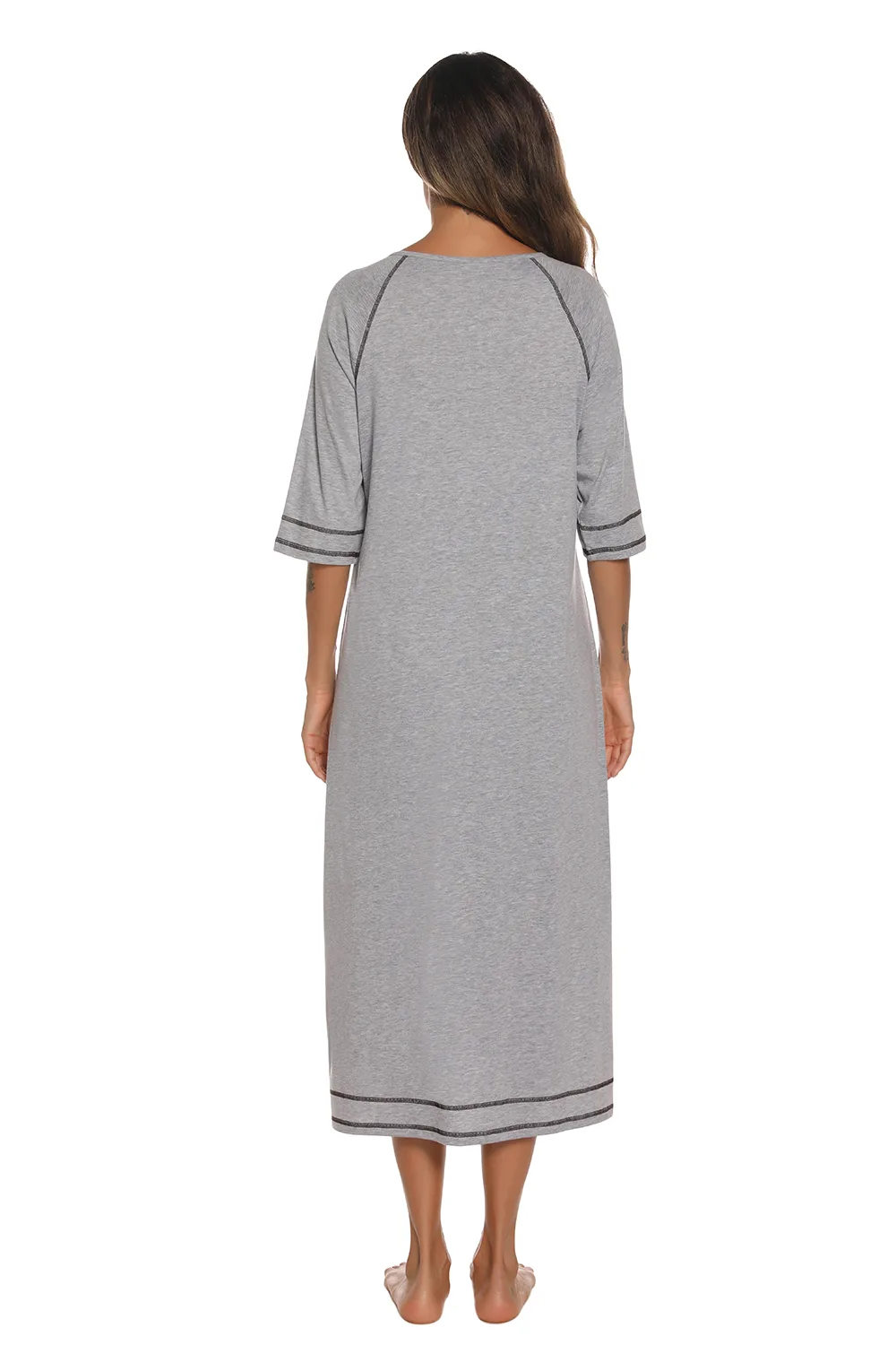 Zip Up Slit Round Neck Night Dress with Pockets, image 7